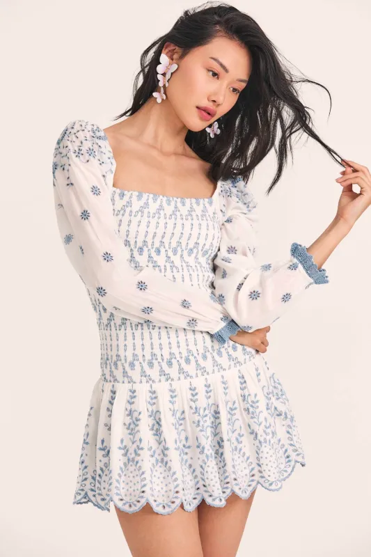 Embroidered Mini Dress in White/Blue made by LoveShackFancy