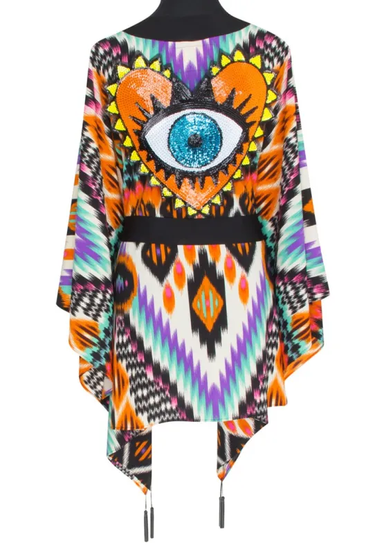 Tribal Orange Apache Kimono Evil Eye Black Short sold by Sand Dollar