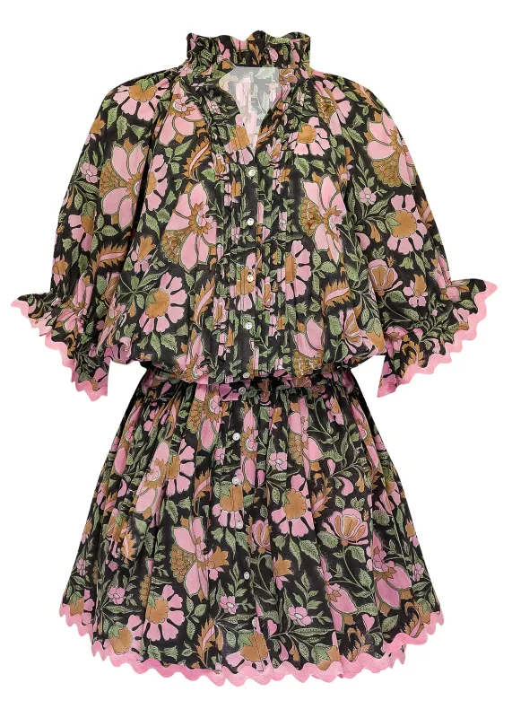 Floral Block Print Blouson Dress with Ric Rac Black Multi made by Sand Dollar