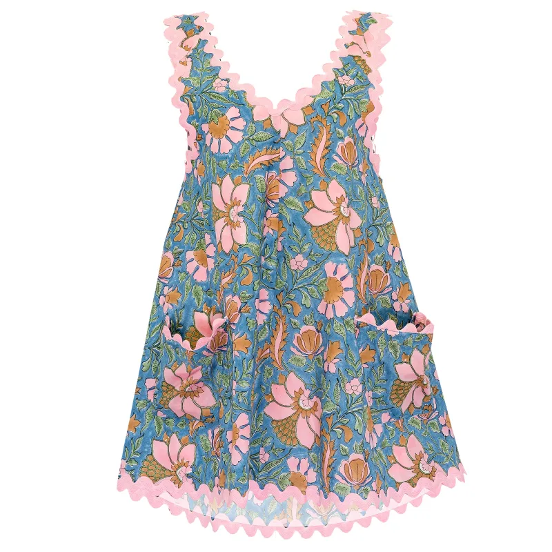 Floral Block Print Low Back Dress with Ric Rac Blue Multi made by Sand Dollar