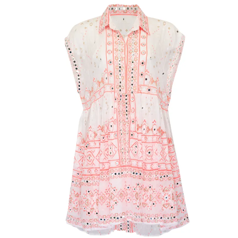 Poncho Shirt Dress: Mosaic Print with Gold & White Embroidery made by Sand Dollar