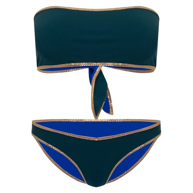 Hampton Bandeau Reversible Bikini Set Dark Green/Blue made by Sand Dollar