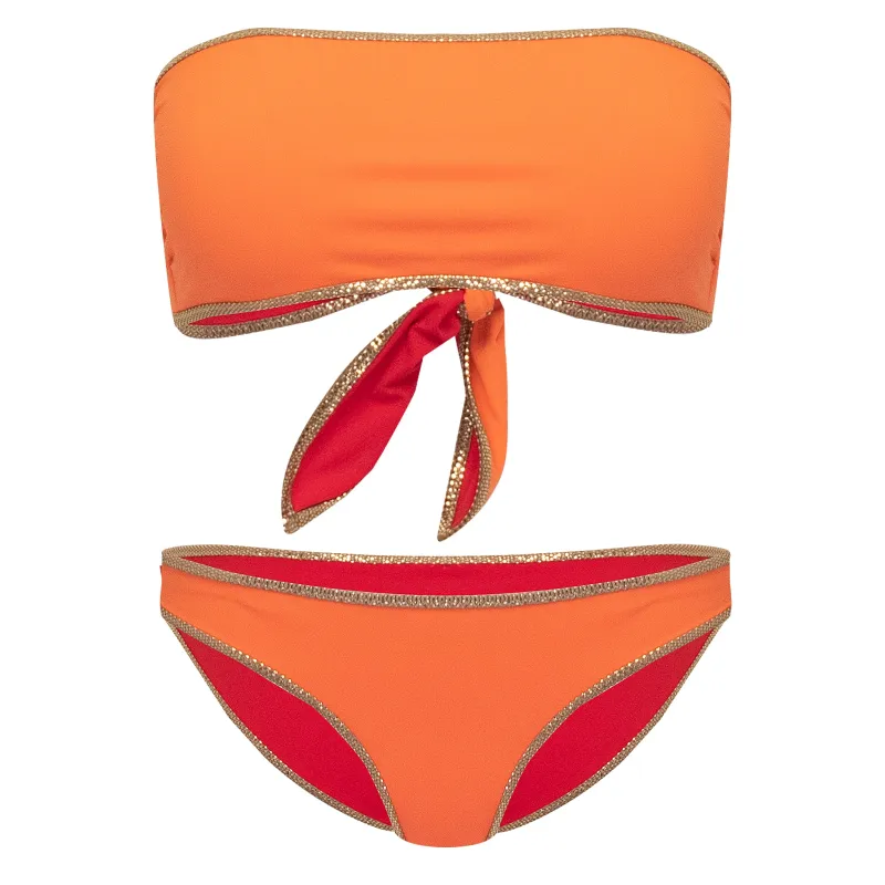 Hampton Bandeau Reversible Bikini Set Orange/Red made by Sand Dollar