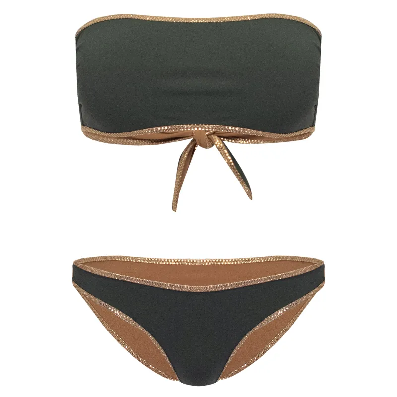 Hampton Bandeau Reversible Bikini Set Green Jungle/Cinnamon made by Sand Dollar