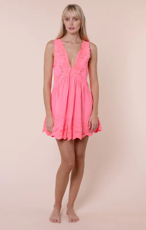 Poplin V-Back Mini Dress with Scallop Embroidery Watermelon sold by Sand Dollar
