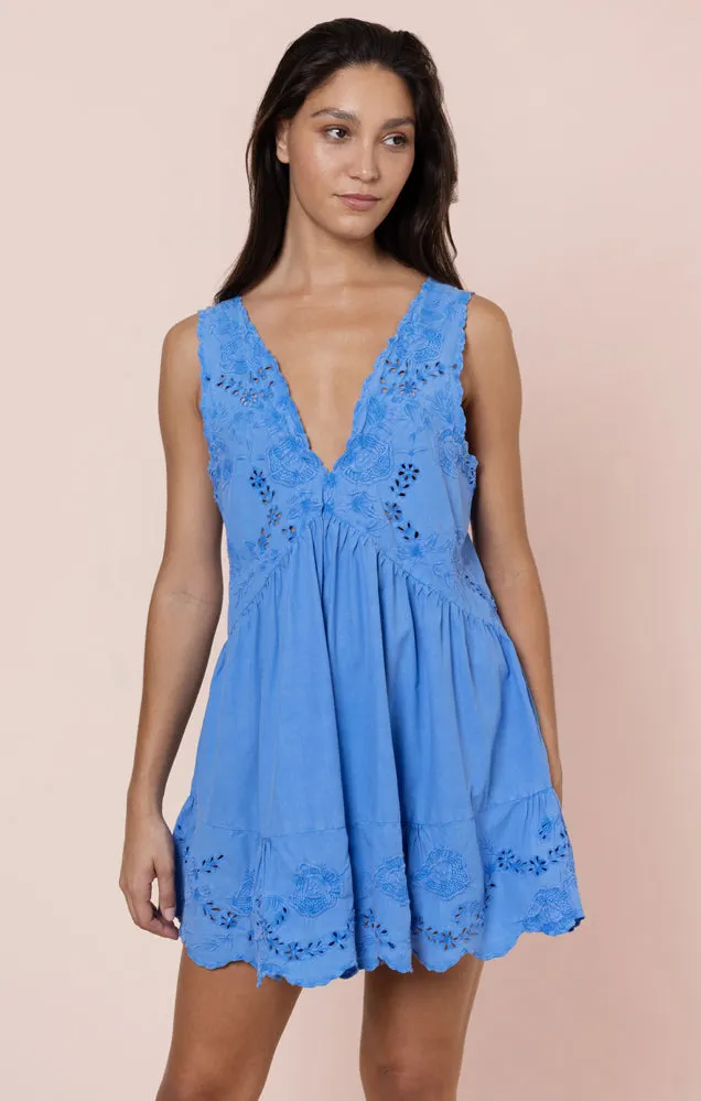 Poplin V-Back Mini Dress with Scallop Embroidery Ocean Blue sold by Sand Dollar