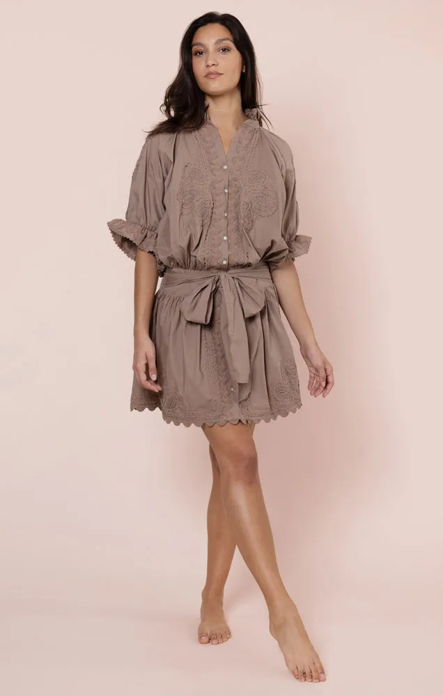 Poplin Blouson Dress with Ric Rac Embroidery Mocha sold by Sand Dollar