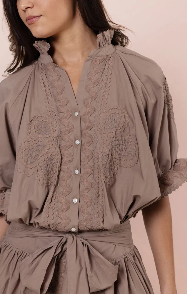 Poplin Blouson Dress with Ric Rac Embroidery Mocha sold by Sand Dollar product image thumbnail 3