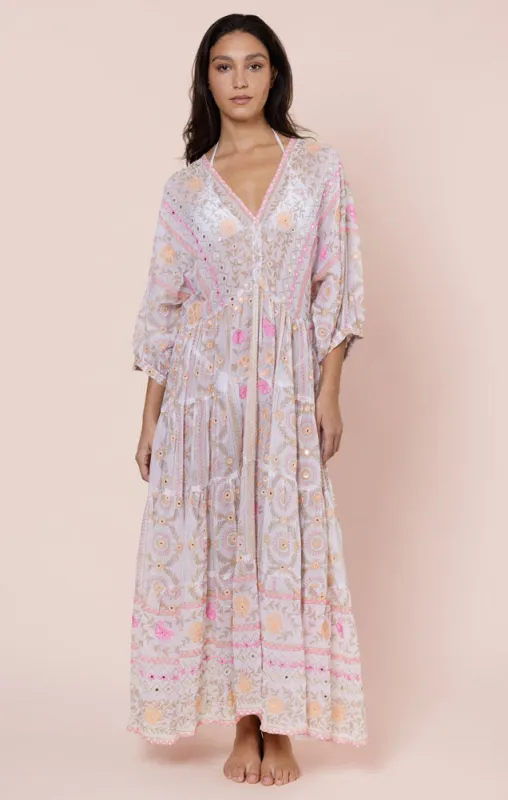 Mexican Print with Mirrors V-Neck Loose Maxi Dress White/Pink sold by Sand Dollar