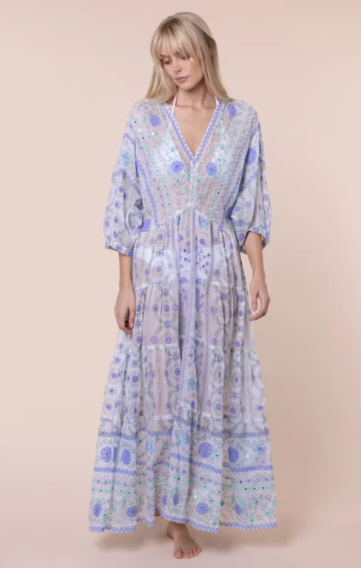Mexican Print with Mirrors V-Neck Loose Maxi Dress White/Blue made by Sand Dollar