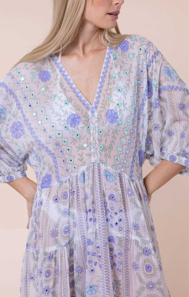Mexican Print with Mirrors V-Neck Loose Maxi Dress White/Blue sold by Sand Dollar product image thumbnail 2