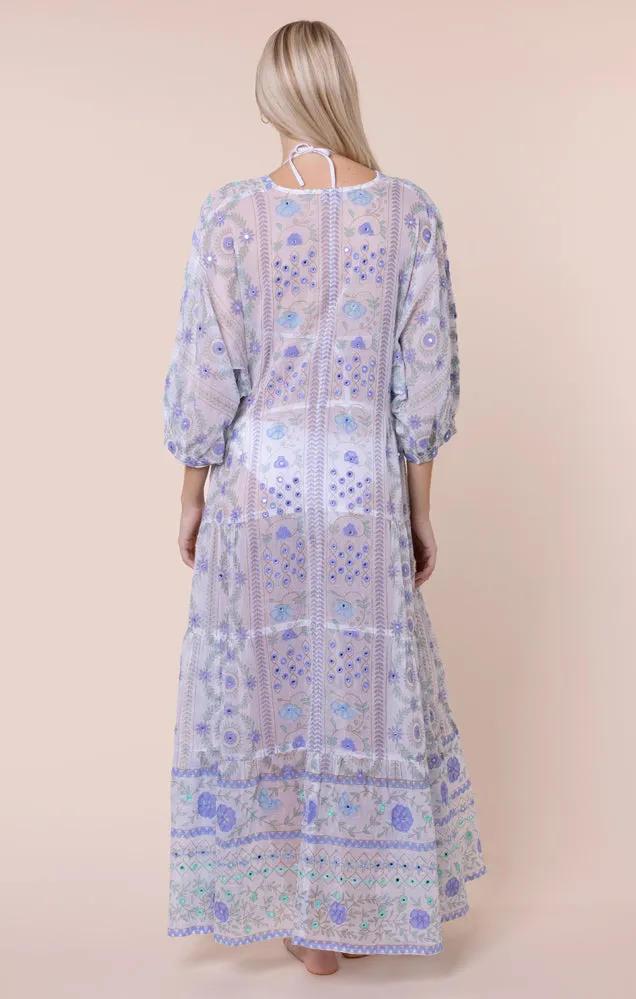 Mexican Print with Mirrors V-Neck Loose Maxi Dress White/Blue sold by Sand Dollar product image thumbnail 3