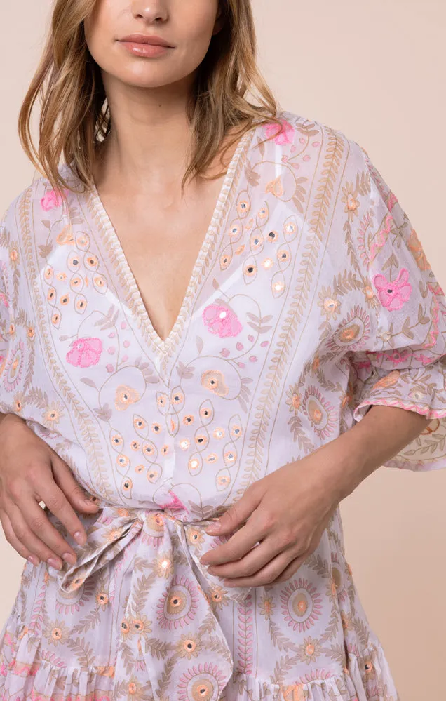 Mexican Print with Mirrors Tie Waist Mini Dress White/Pink sold by Sand Dollar product image thumbnail 3