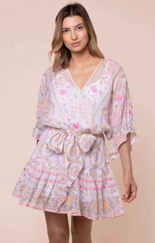 Mexican Print with Mirrors Tie Waist Mini Dress White/Pink made by Sand Dollar
