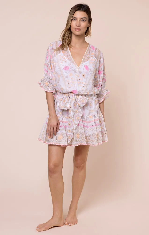 Mexican Print with Mirrors Tie Waist Mini Dress White/Pink sold by Sand Dollar product image thumbnail 2