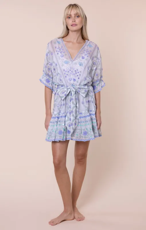 Mexican Print with Mirrors Tie Waist Mini Dress White/Blue made by Sand Dollar