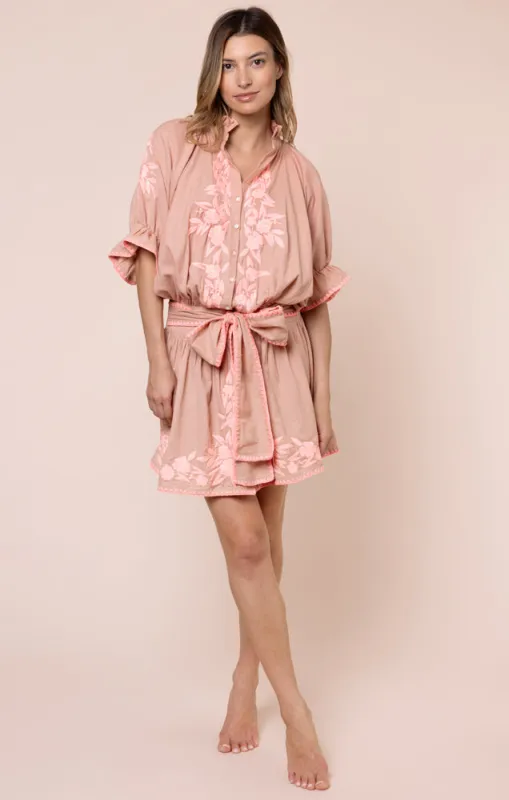 Blouson Dress with Floral Embroidery and Stitch Edging Bronze/Candy made by Sand Dollar