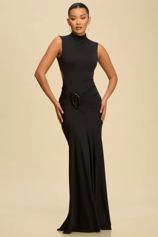 Mock Neck Open Back Knit Dress Black made by Luxxel