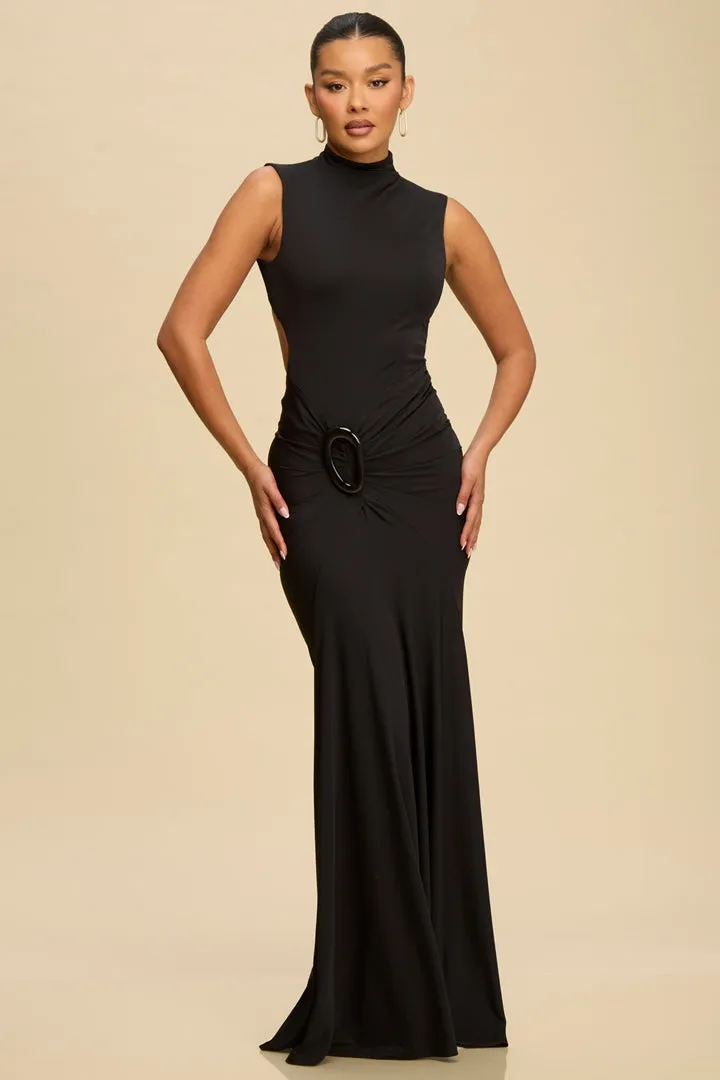 Mock Neck Open Back Knit Dress Black sold by Sand Dollar