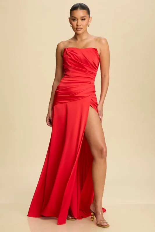 Draped Satin Bustier Dress Red made by Luxxel