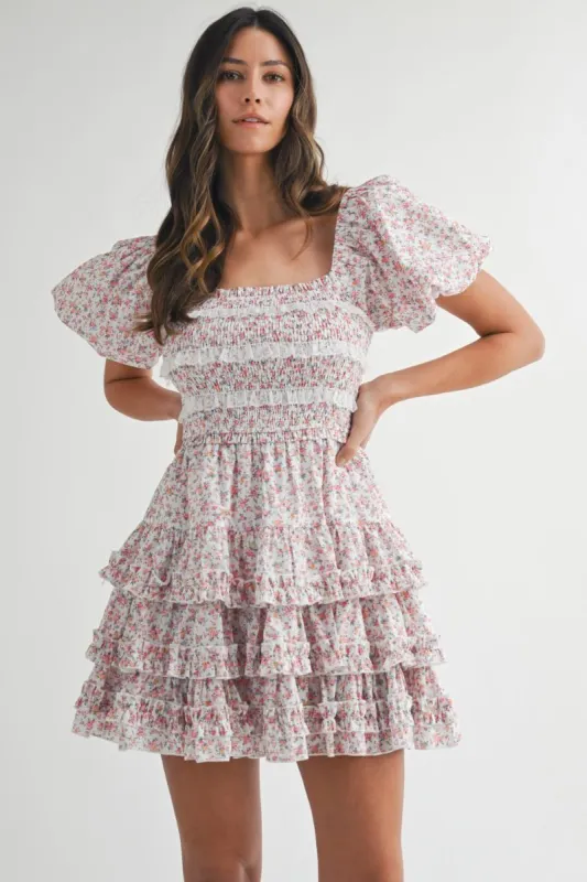 Floral Lace Mini Dress Pink Multi made by MABLE