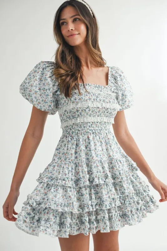 Floral Lace Mini Dress Blue Multi made by MABLE