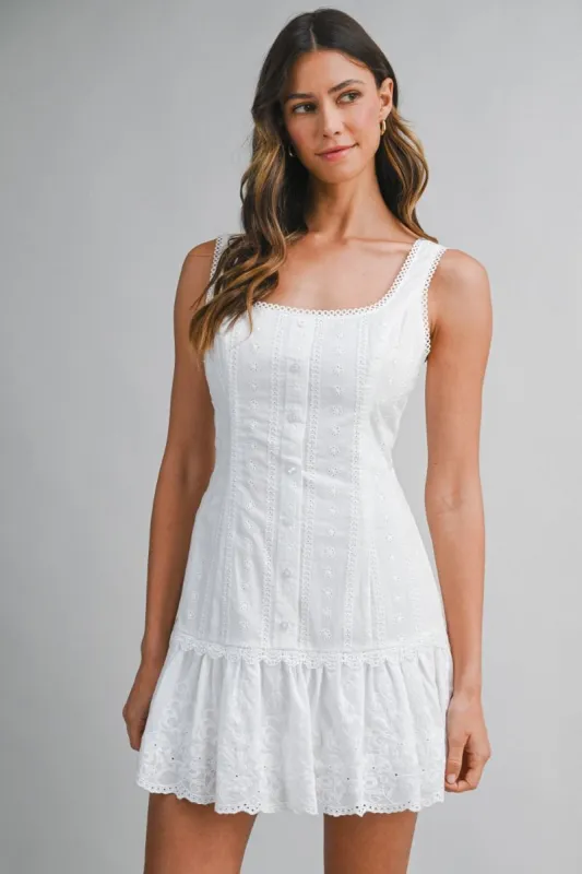 Eyelet Lace Back Tie Mini Dress Off White made by MABLE