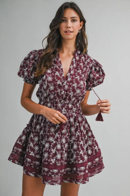 Embroidered Ruffle Mini Dress Wine made by MABLE