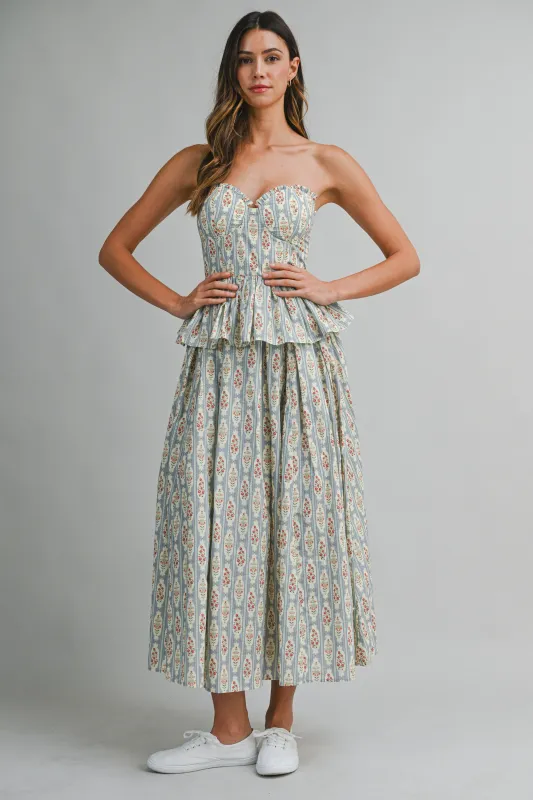 Floral Bustier Top and Skirt Set Blue Multi made by MABLE