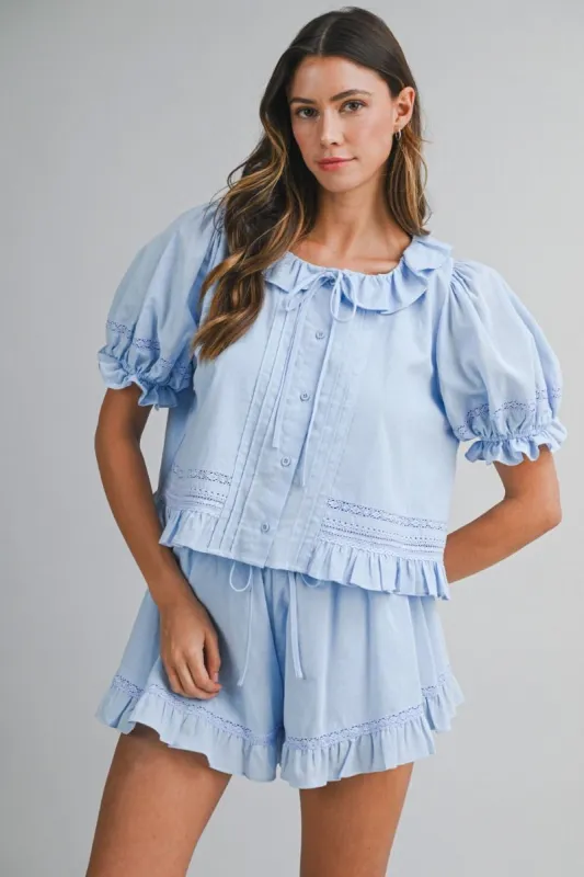 Ruffle Blouse and Shorts Set Blue made by MABLE