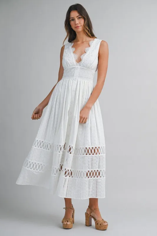 Lace Trim Midi Dress Off White made by MABLE