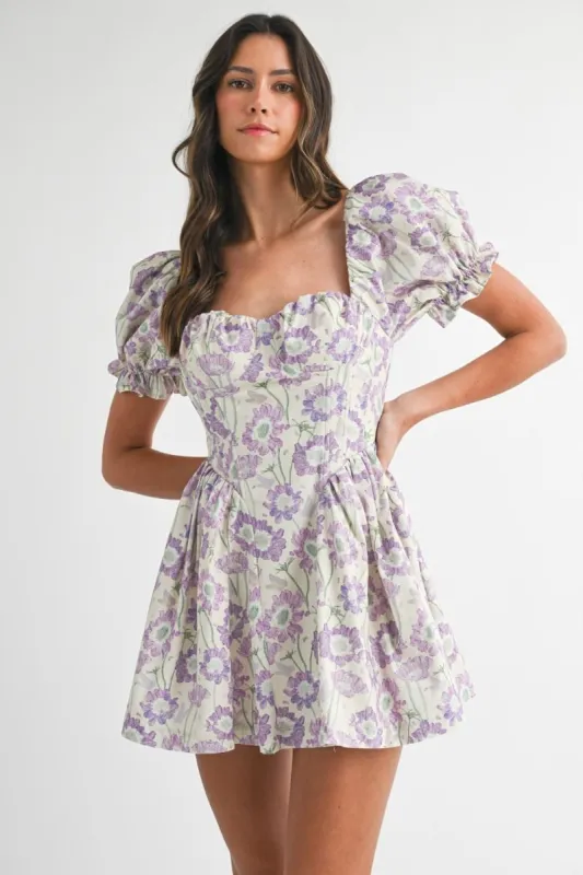 Floral Puff Sleeve Bustier Mini Dress Lavender made by MABLE