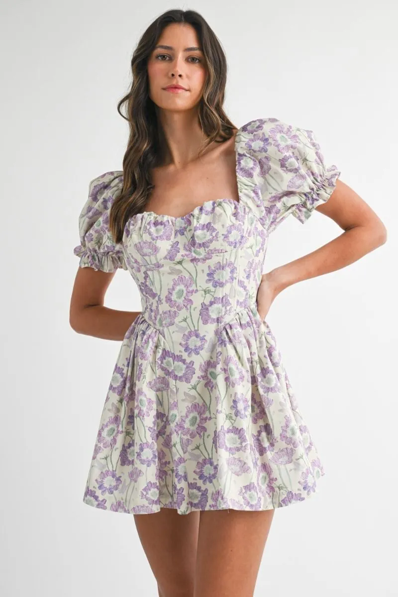 Floral Puff Sleeve Bustier Mini Dress Lavender sold by Sand Dollar
