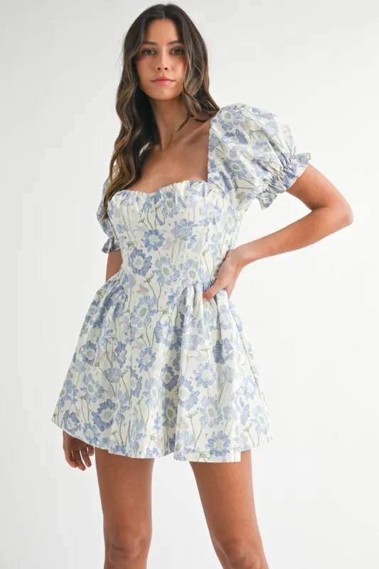 Floral Puff Sleeve Bustier Mini Dress Blue made by MABLE