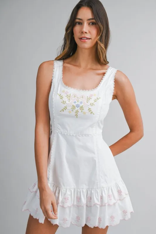 Embroidered Mini Dress Off White made by MABLE