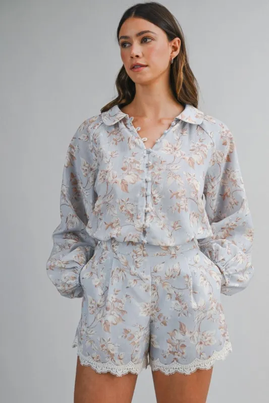 Floral Print Shirt and Short Set Light Blue made by MABLE
