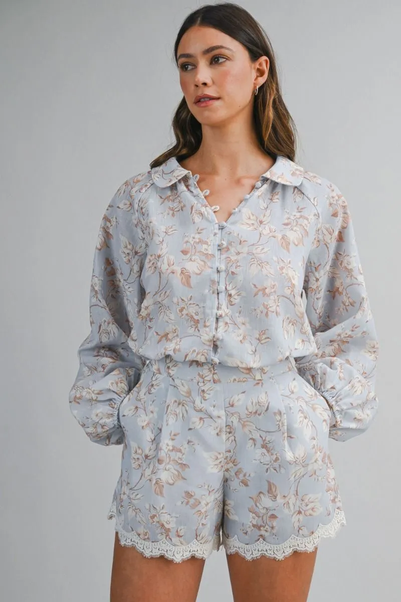 Floral Print Shirt and Short Set Light Blue sold by Sand Dollar