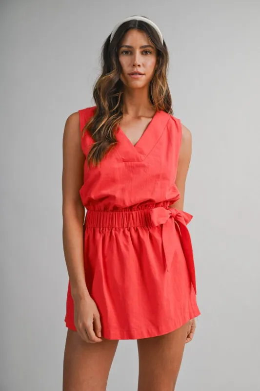 Elastic Waist Wrap Romper Tomato Red made by MABLE