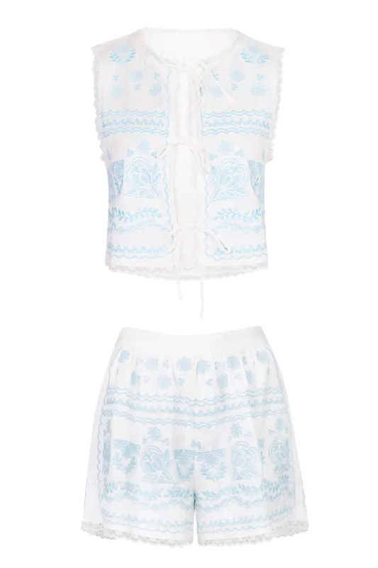 Embroidered Crop Top and Shorts Set Off White made by MABLE