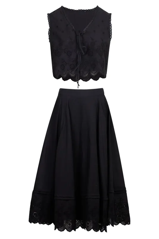 Crop Top Scalloped and Skirt Set Black made by MABLE