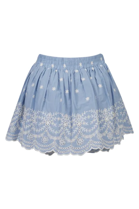 Embroidered Hem Skort Denim Blue made by MABLE