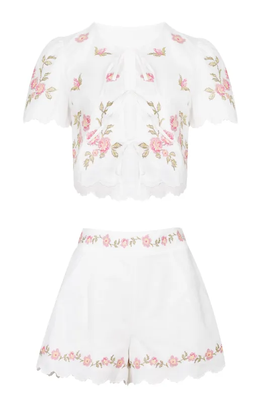 Embroidery Short Sleeve Top and Shorts Set Pink made by MABLE
