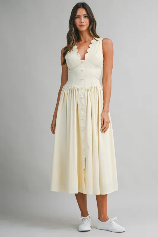 Poplin Scallop Midi Dress Yellow made by MABLE