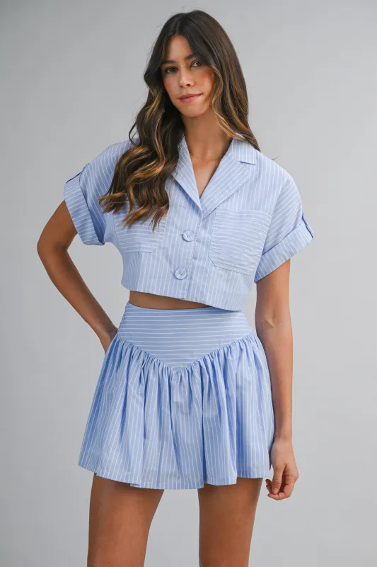 Stripe Crop Shirts and Skirt Set Blue made by MABLE