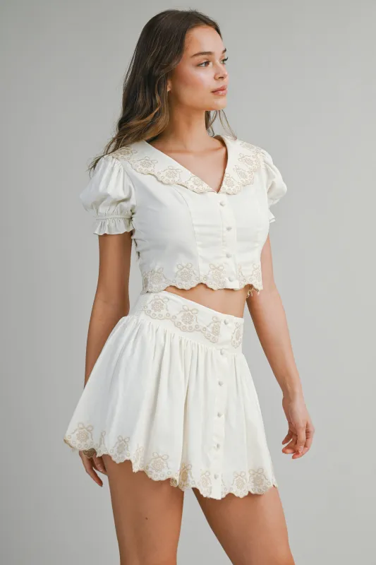 Scalloped Top and Skirt Set Cream made by MABLE