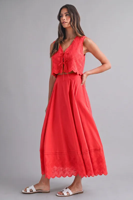 Crop Top Scalloped and Skirt Set Red made by MABLE