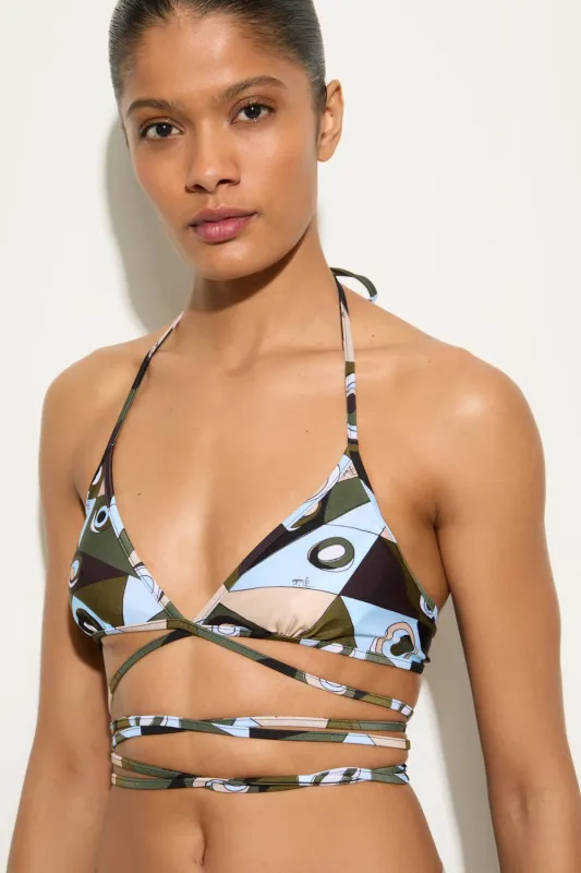 Occhi Print Triangle Bikini Top Khaki Blue made by Emilio Pucci