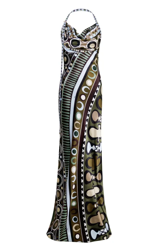 Soleil Print Satin Dress Khaki Blue made by Emilio Pucci