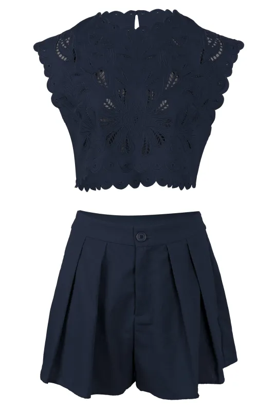 Embroidery Crop Top and Shorts Set Navy made by MABLE