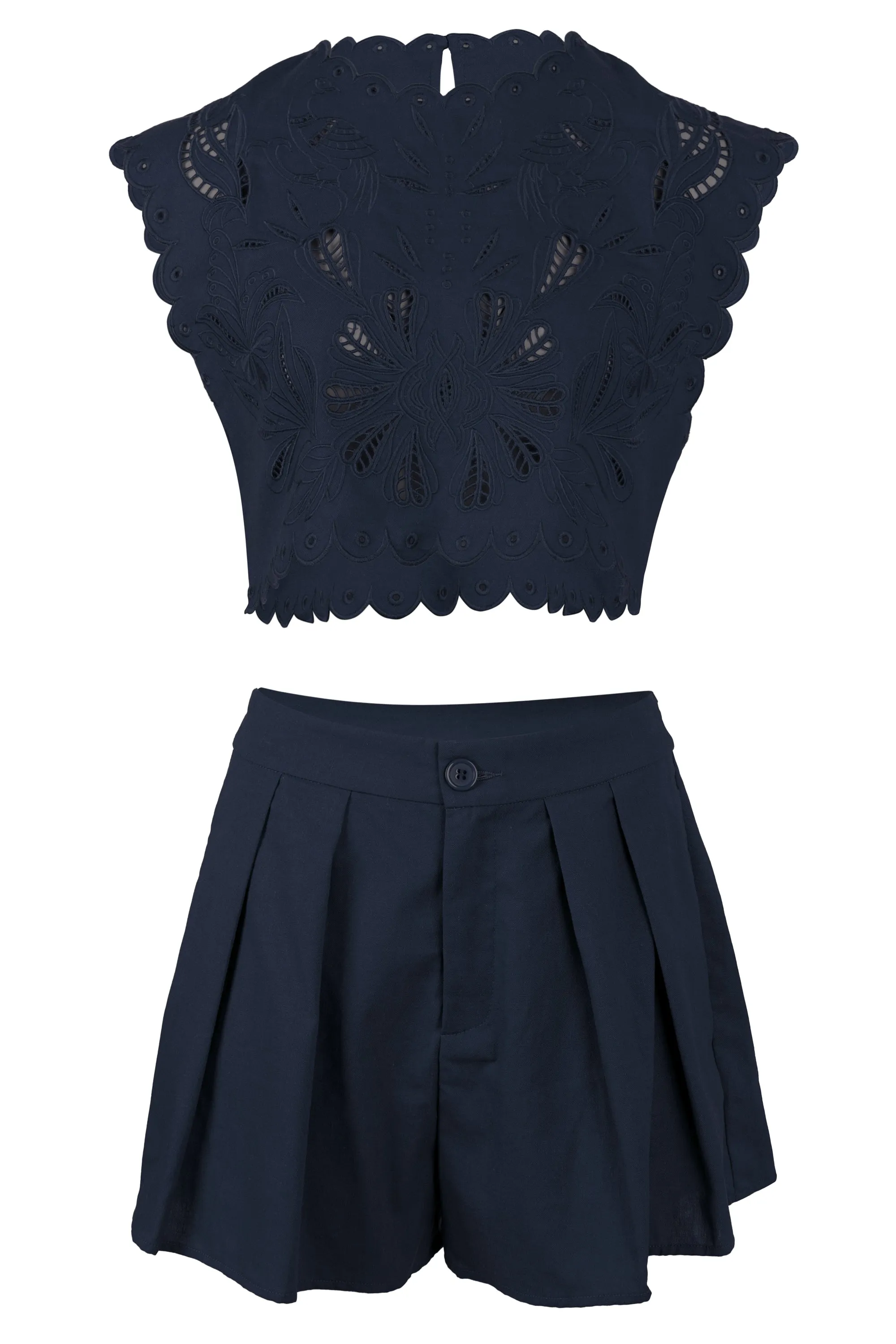 Embroidery Crop Top and Shorts Set Navy sold by Sand Dollar